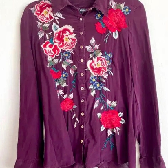JOHNNY WAS Purple Floral Embroidered Long Sleeve Silk Top Small - Picture 10 of 12